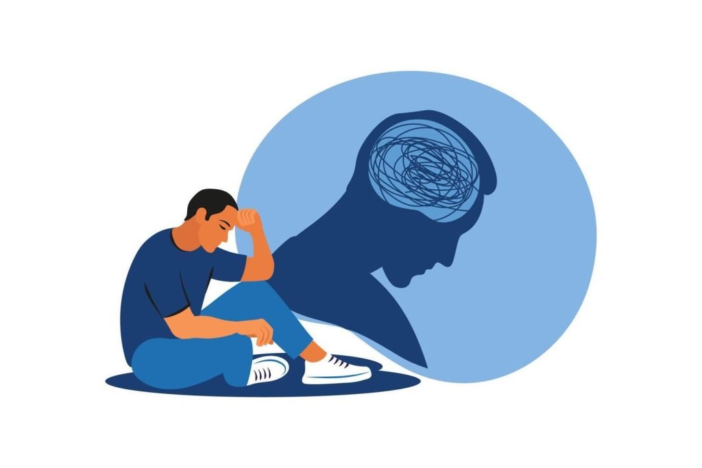 depressed man sitting on floor mental health concept depression bipolar disorder obsessive compulsive post traumatic stress disorder illustration vector